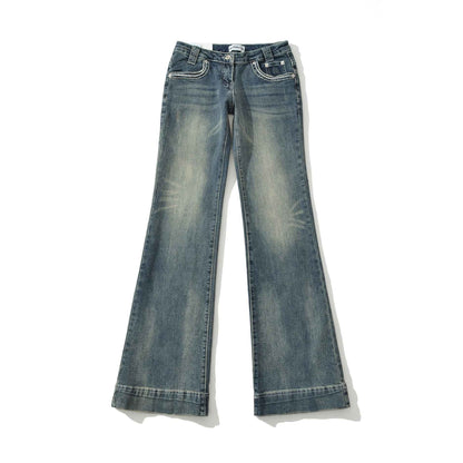 Low-Waist Washed Blue Flared Jeans for Women, Comfortable and Versatile Denim Pants