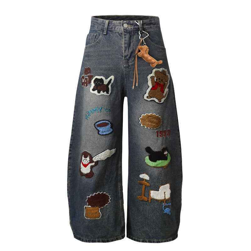 Vintage Cartoon Towel Embroidery Washed Knife-Edge Jeans For Men And Women | MuddyStock Originals Vintage Blue MuddyStock