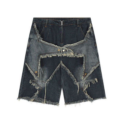 Five pointed star tassel patch denim shorts