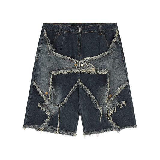 Five pointed star tassel patch denim shorts