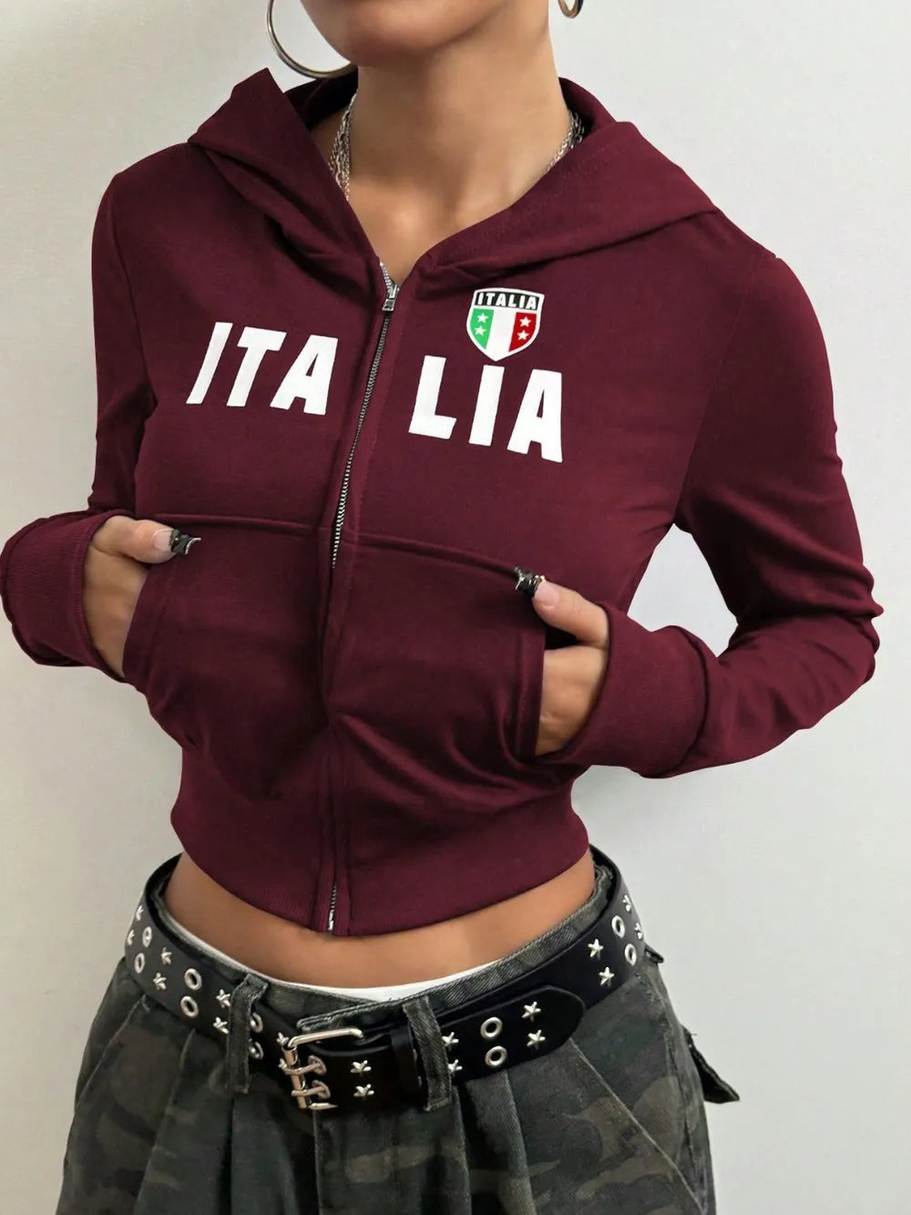 Letter Graphic Zip Up Long Sleeve Hoodie For Women | MuddyStock Originals Burgundy MuddyStock