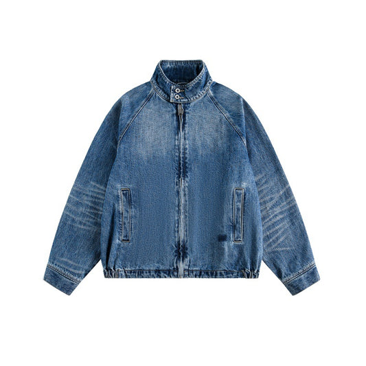 Streetwear Washed Faded Stand Collar Zipper Loose Denim Jacket For Men And Women | MuddyStock Originals MuddyStock