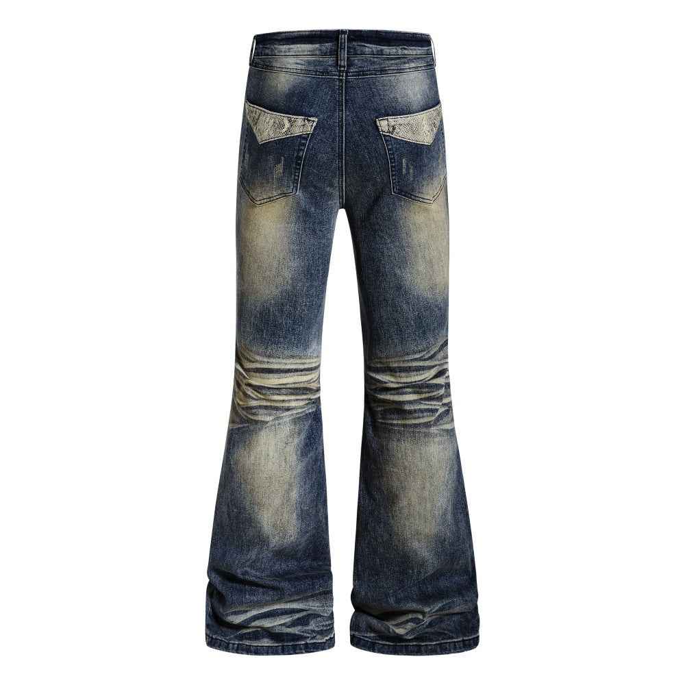 Color blocking white washed denim bell bottom pants