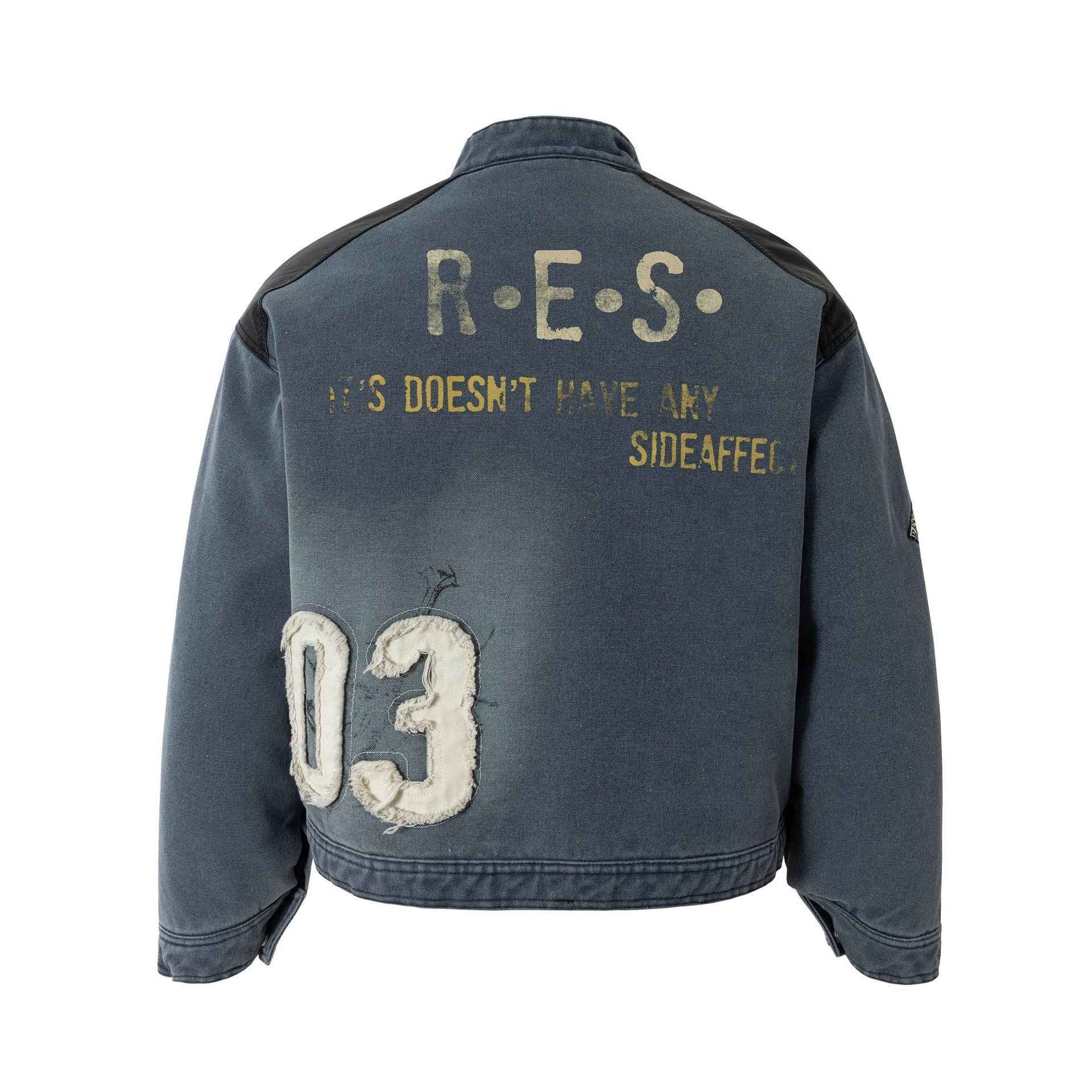 Leather Patchwork Distressed Printed Stand Collar Jacket For Men And Women | MuddyStock Originals MuddyStock