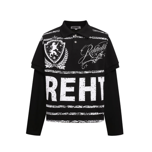 Men's Hip Hop Casual Long Sleeve Polo Collar All Over Print Letters T-Shirt