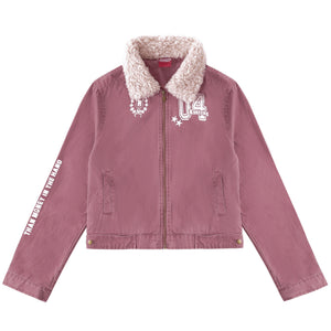 Women's Sherpa Distressed Print Turn-down Collar Short Moto Jacket | MuddyStock Originals Red