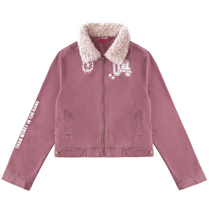 Women's Sherpa Distressed Print Turn-down Collar Short Moto Jacket | MuddyStock Originals Red