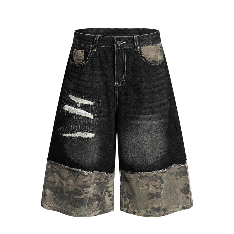 Camouflage patchwork denim shorts Black