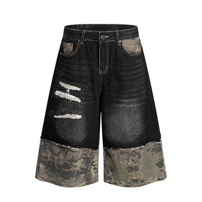 Camouflage patchwork denim shorts Black
