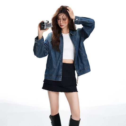 Denim Loose Zip-Up Vintage Denim Jacket for Women | MuddyStock Originals