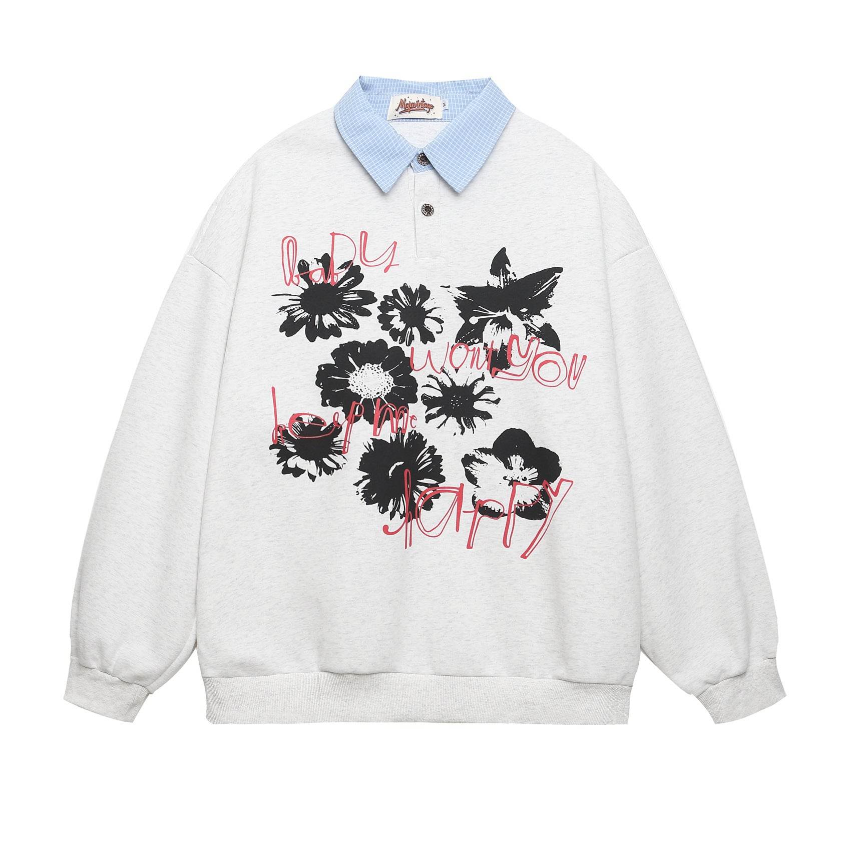 Spliced Fake Two-Piece Floral Letter Print Sweatshirt For Men And Women | MuddyStock Originals Gray MuddyStock