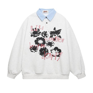 Spliced Fake Two-Piece Floral Letter Print Sweatshirt For Men And Women | MuddyStock Originals Gray