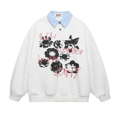 Spliced Fake Two-Piece Floral Letter Print Sweatshirt For Men And Women | MuddyStock Originals Gray MuddyStock