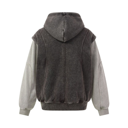 Washed Distressed Deconstructed Color Block Zip Front Hooded Loose Fit Fake Two-Piece Spliced Men's Jacket