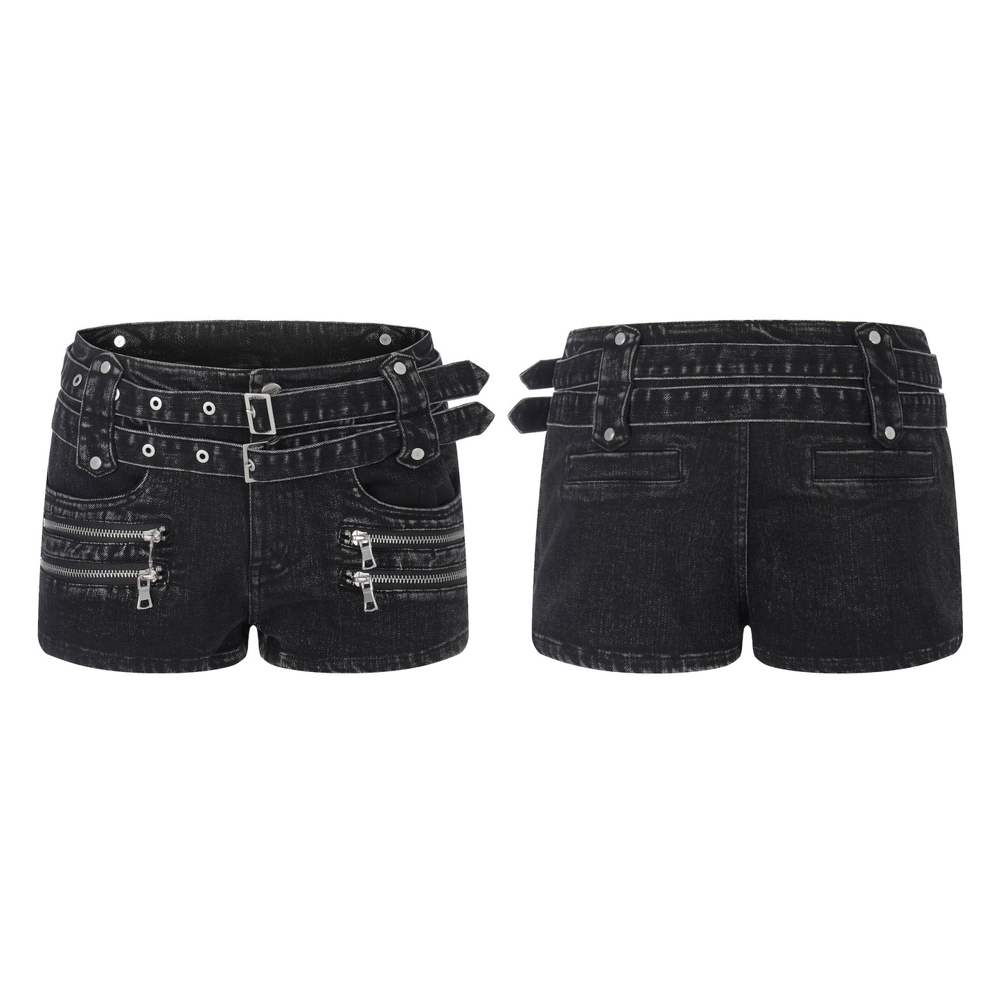 Double Belt Zipper Design Low Waist Denim Shorts For Women | MuddyStock Originals
