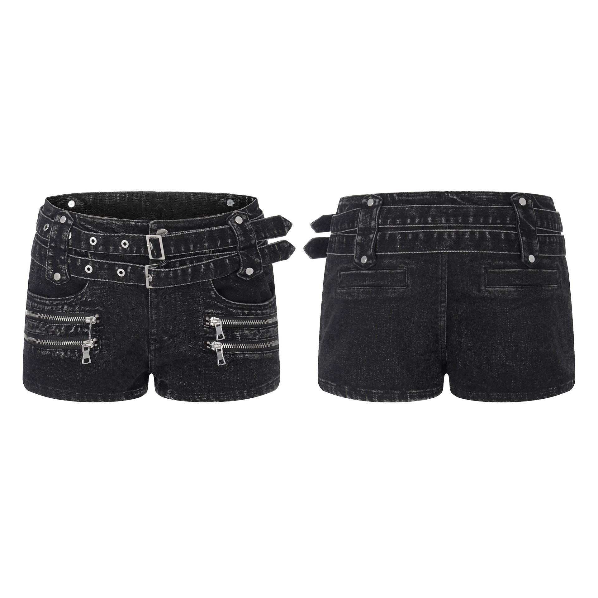 Double Belt Zipper Design Low Waist Denim Shorts For Women | MuddyStock Originals