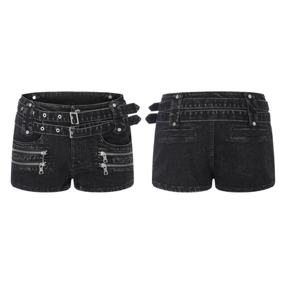 Double Belt Zipper Design Low Waist Denim Shorts For Women | MuddyStock Originals
