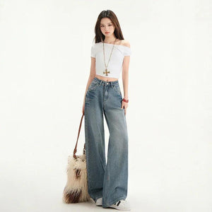 Women's Wide-Leg Niche Water-Washed Floor-Length Straight Pants | MuddyStock Originals Lightning Blue # Extended MuddyStock