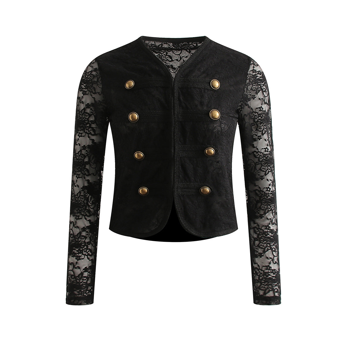 Elegant Napoleon Collar Lace Long Sleeve Short Crop Jacket Black