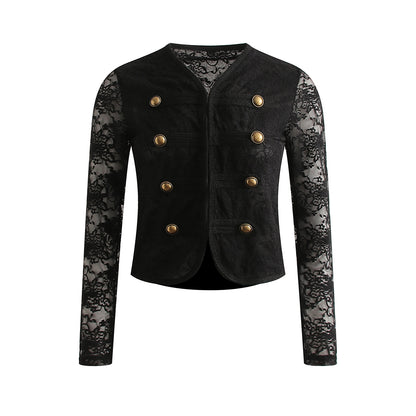 Elegant Napoleon Collar Lace Long Sleeve Short Crop Jacket Black