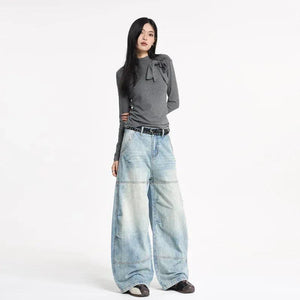 Women's Retro Design Patchwork Washed Knife-Edge Denim Pants | MuddyStoc Originals Blue