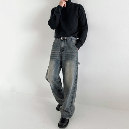 Casual Style Workwear Style Denim Material Straight Leg Wide Leg Clean Fit Pants eprolo