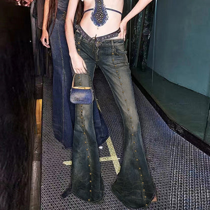 Retro personality rivet micro flared slimming jeans