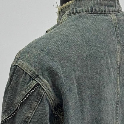 Retro deconstruction fringed washed denim jacket