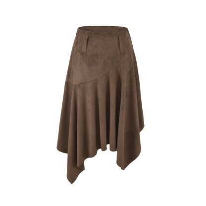 Eco-Friendly Suede Asymmetrical Hem Slimming Long Skirt Coffee