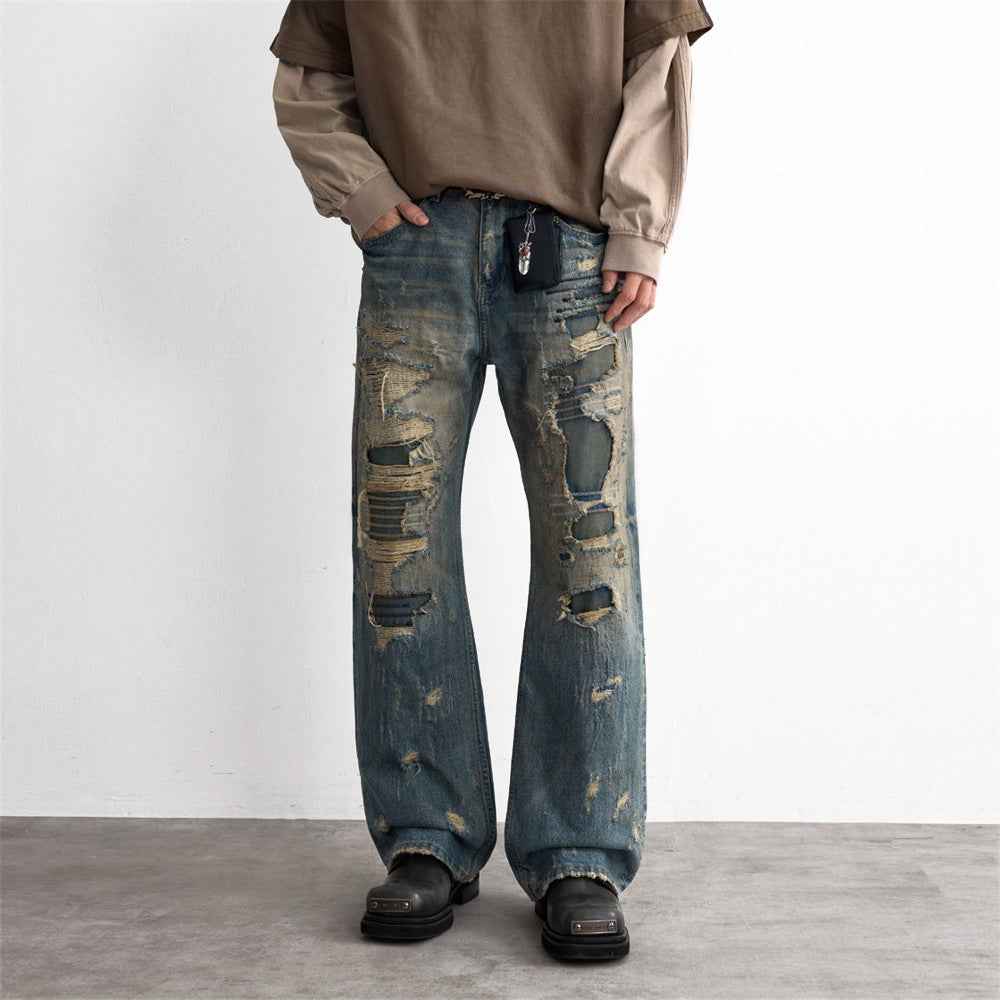 Ripped patch denim pants Dirty Old Blue