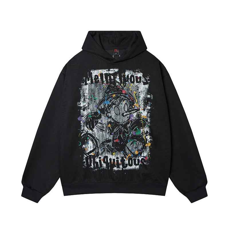 Loose Fit Cartoon Graffiti Printed Hoodie For Men | MuddyStock Originals Black