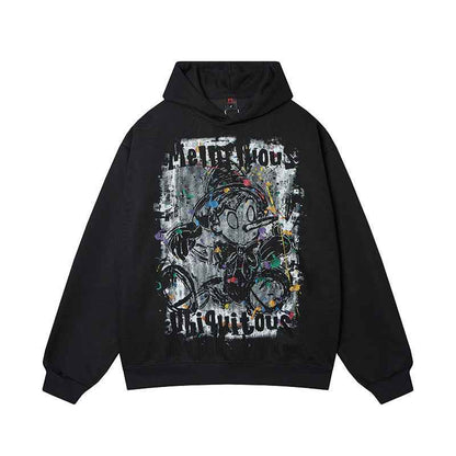 Loose Fit Cartoon Graffiti Printed Hoodie For Men | MuddyStock Originals Black