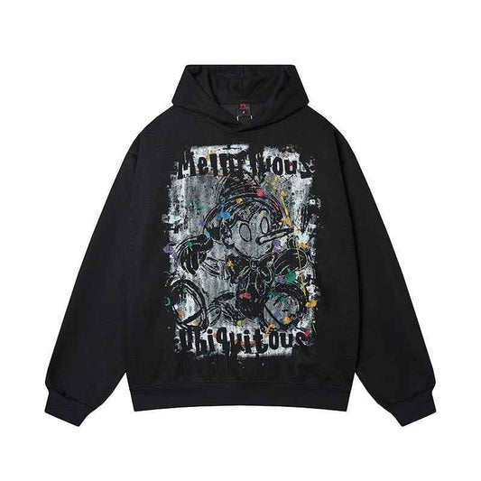 Loose Fit Cartoon Graffiti Printed Hoodie For Men | MuddyStock Originals Black