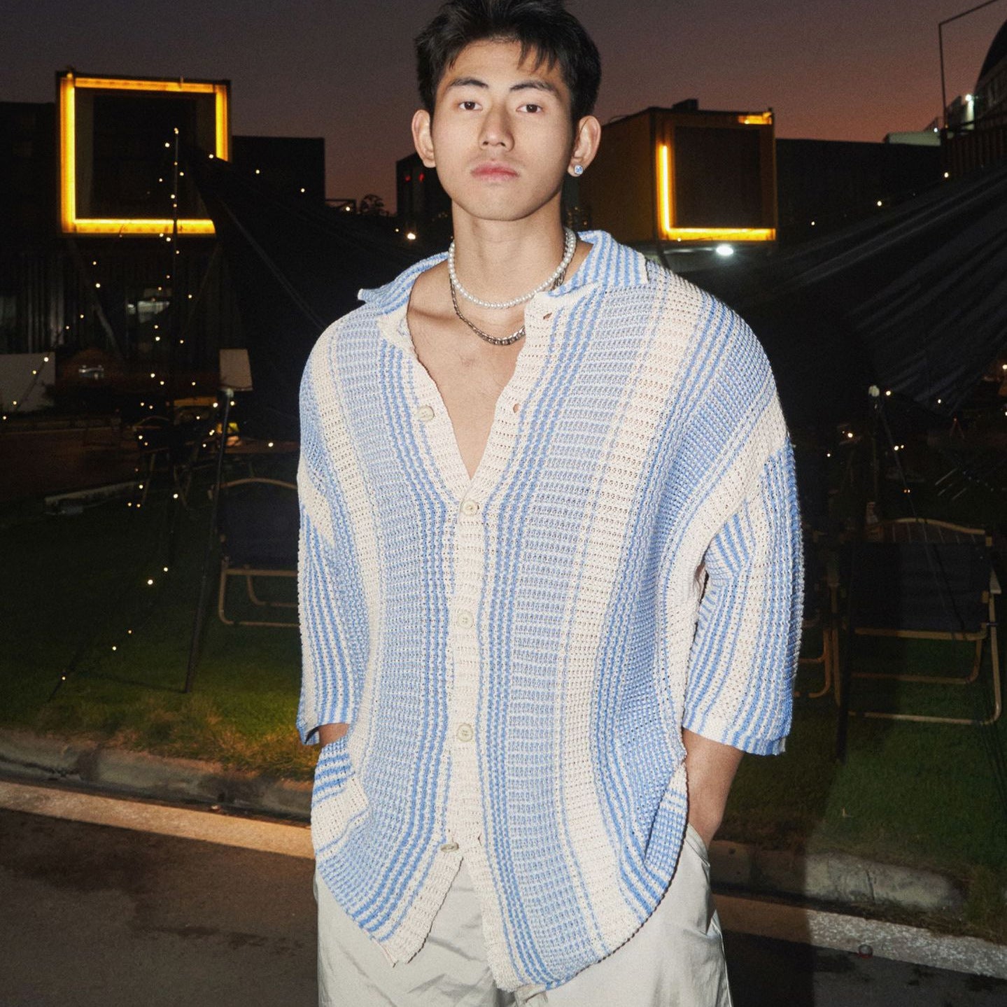 Loose casual lapel thin hollow knit shirt for men | MuddyStock Originals MuddyStock