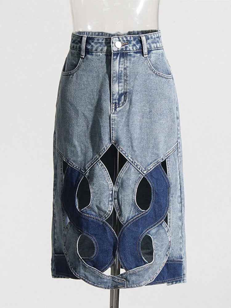 Patchwork Denim Hollow A-line High Waist Button Bottom Skirt | MuddyStock Originals