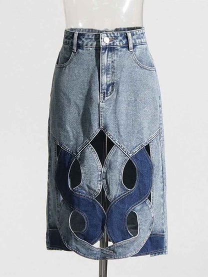 Patchwork Denim Hollow A-line High Waist Button Bottom Skirt | MuddyStock Originals