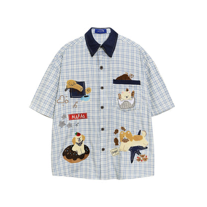 Cartoon embroidery plaid short sleeved shirt Blue