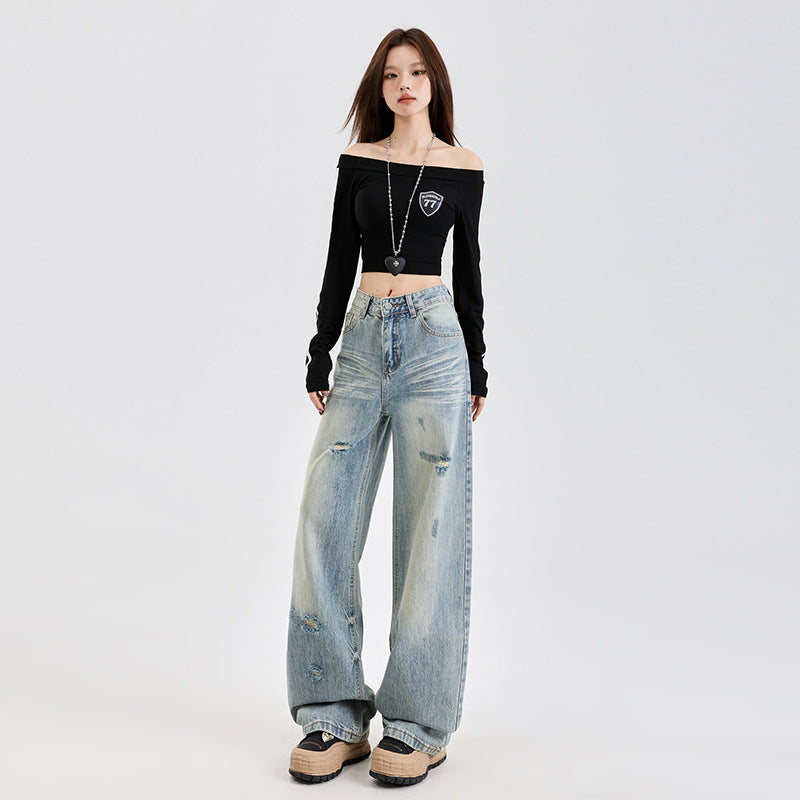 Washed Distressed Floor-Length Wide Straight Leg Pants for Women | MuddyStock Originals MuddyStock