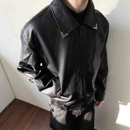Retro Cracked Texture Black Lapel Leather Jacket For Men MuddyStock
