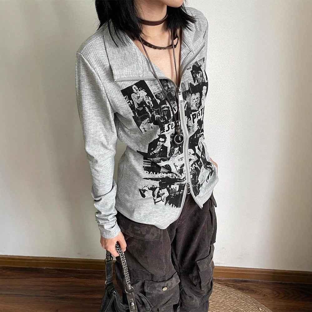 Punk rock print long sleeved zipper top for women | MuddyStock Originals eprolo