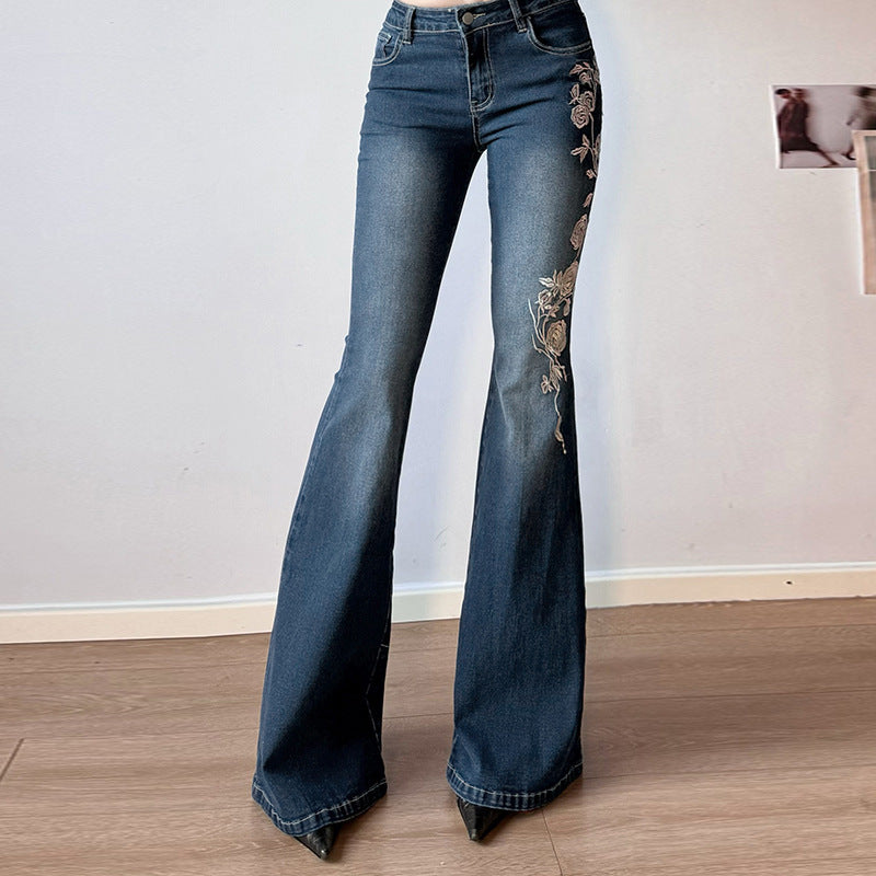 Rose embroidery retro gradient niche spicy jeans