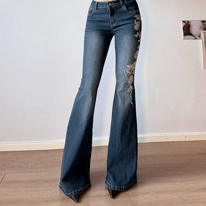 Rose embroidery retro gradient niche spicy jeans