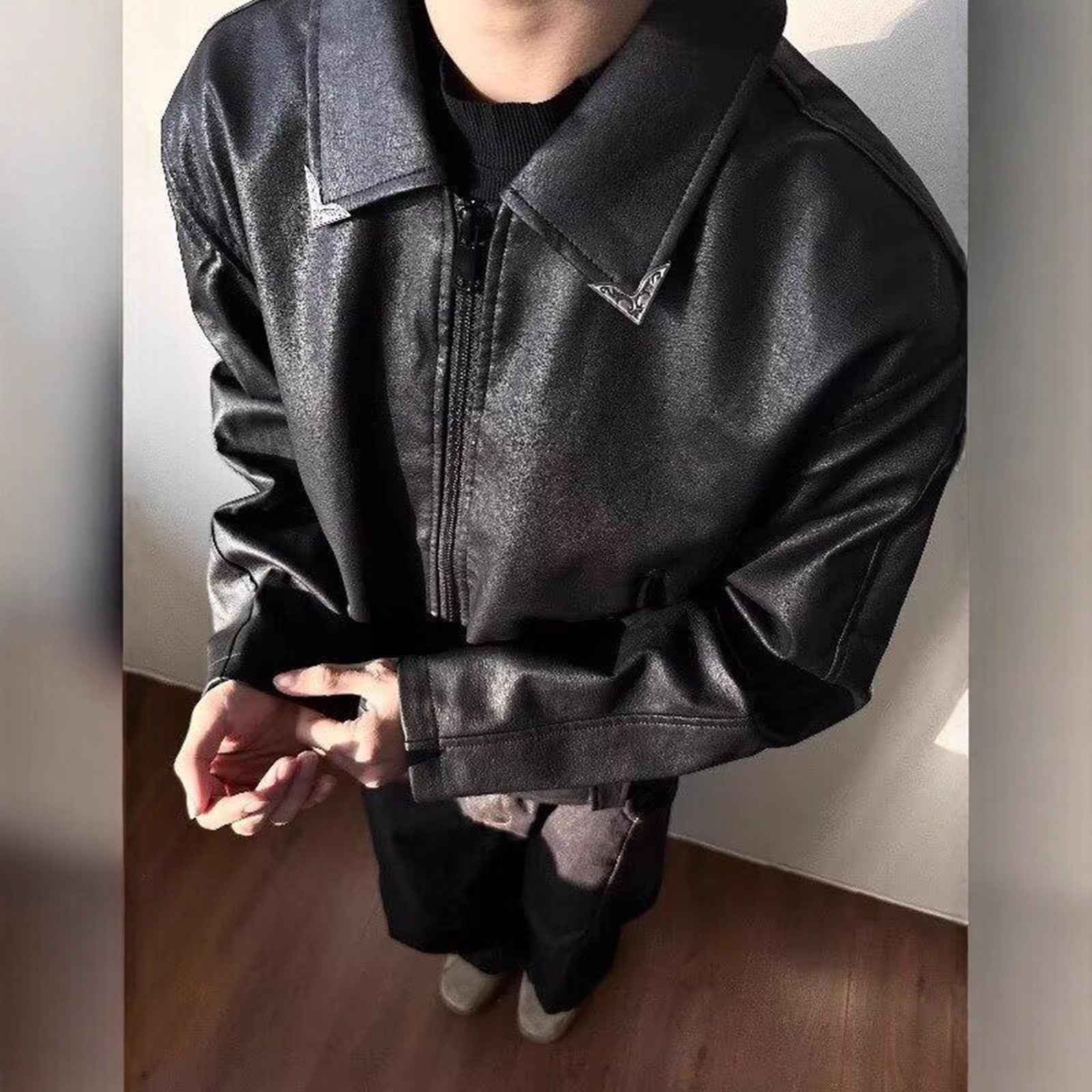 Retro Cracked Texture Black Lapel Leather Jacket For Men MuddyStock