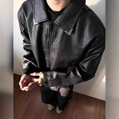 Retro Cracked Texture Black Lapel Leather Jacket For Men MuddyStock