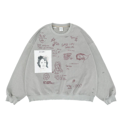 Streetwear Graphic Print Distressed Fleece Crewneck Sweatshirt For Men And Women | MuddyStock Originals Khaki