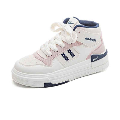 Color blocked high cut thick soled shoes for women Beige Pink Blue (Leather-like Version)