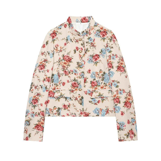 Flip button stand up collar floral print jacket for women | MuddyStock Originals Print