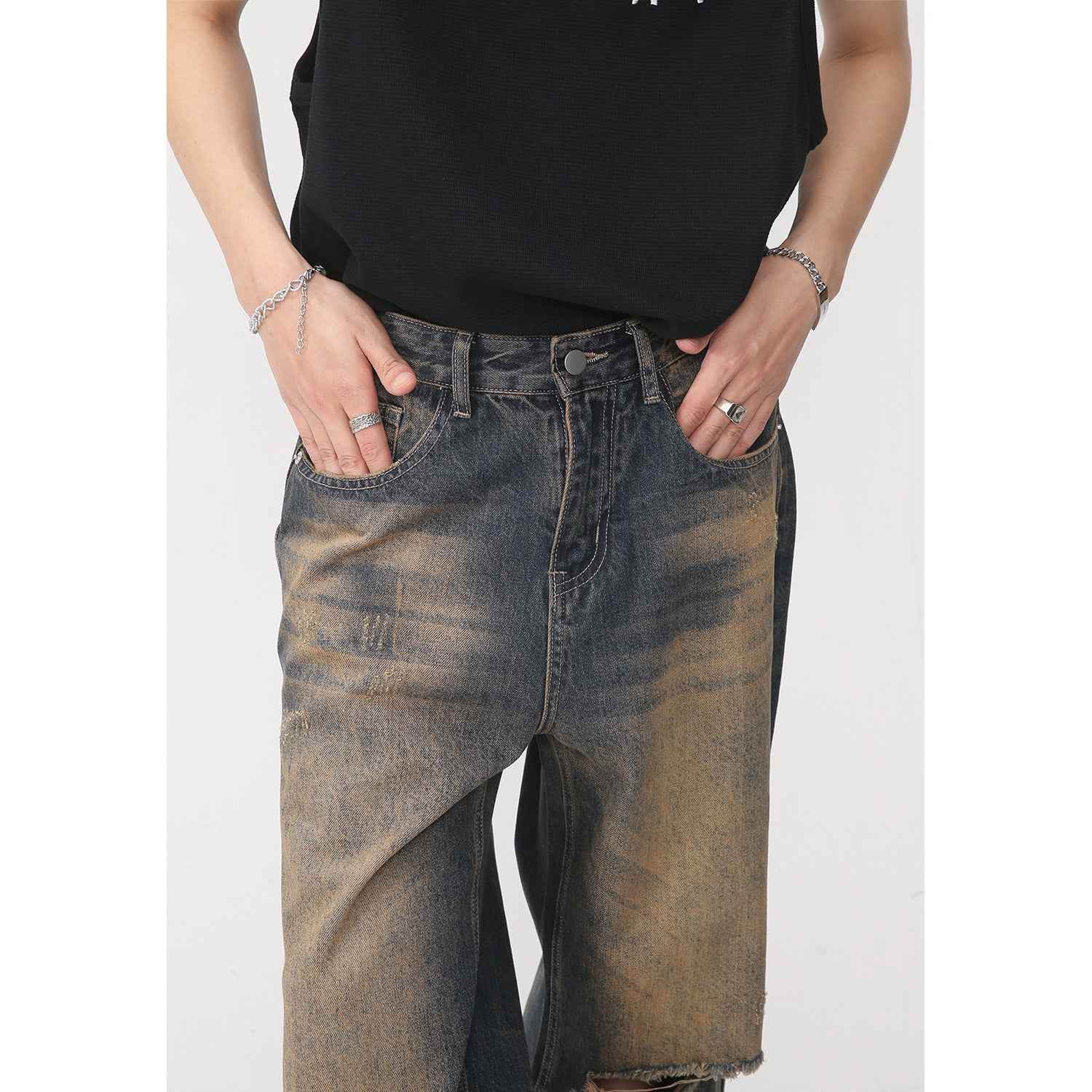 Men's Retro Distressed Rust Earthy Hole Raw Hem Jeans MuddyStock