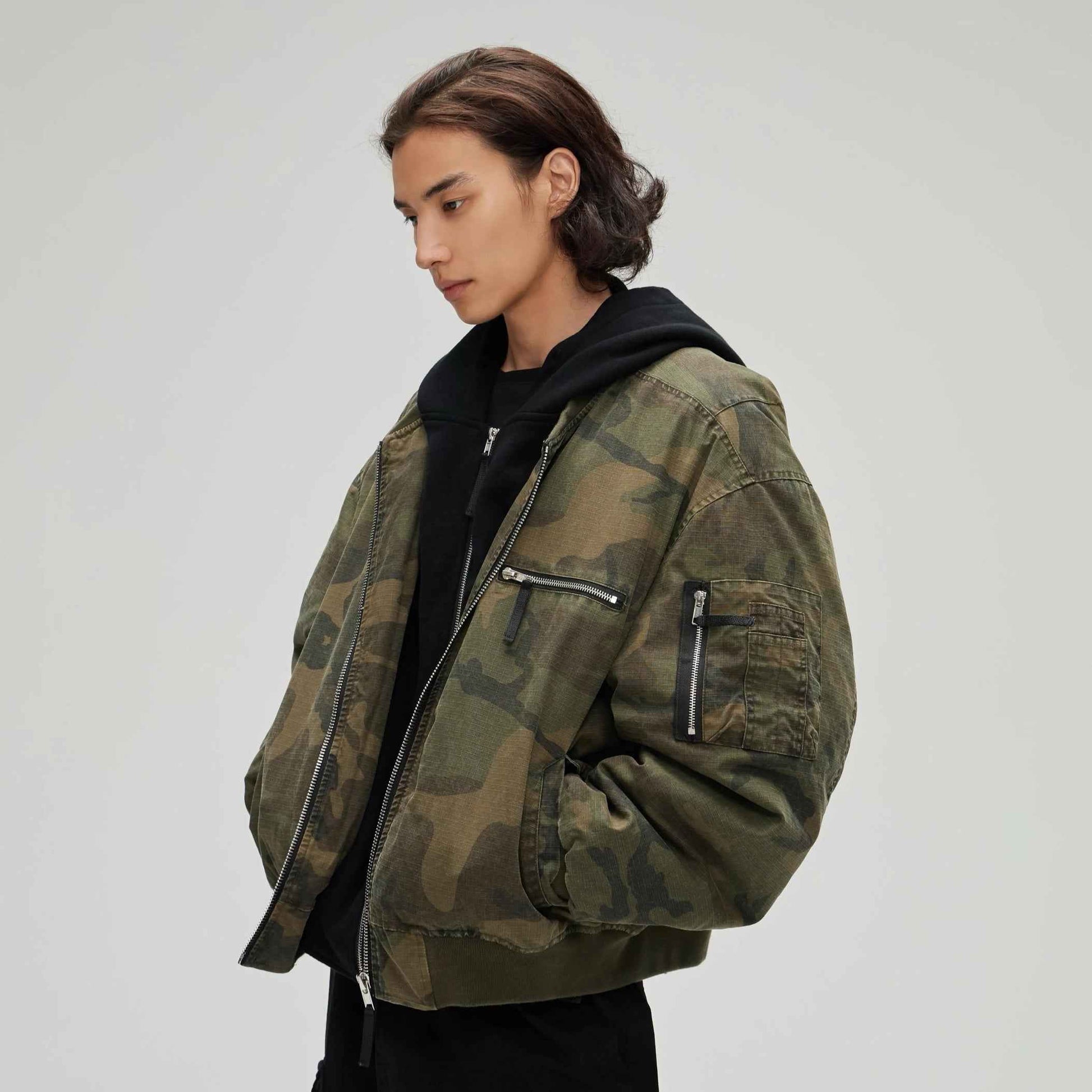 Leisure Washed-out Distressed Camouflage Fake Two-piece Cotton-padded Jacket For Men And Women MuddyStock