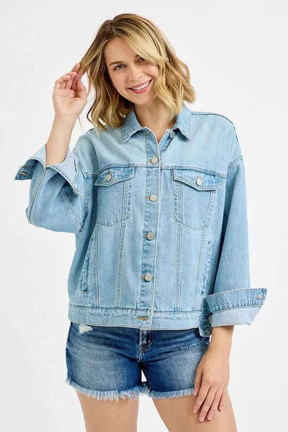 RISEN Washed Dropped Shoulder Denim Jacket For Women Trendsi
